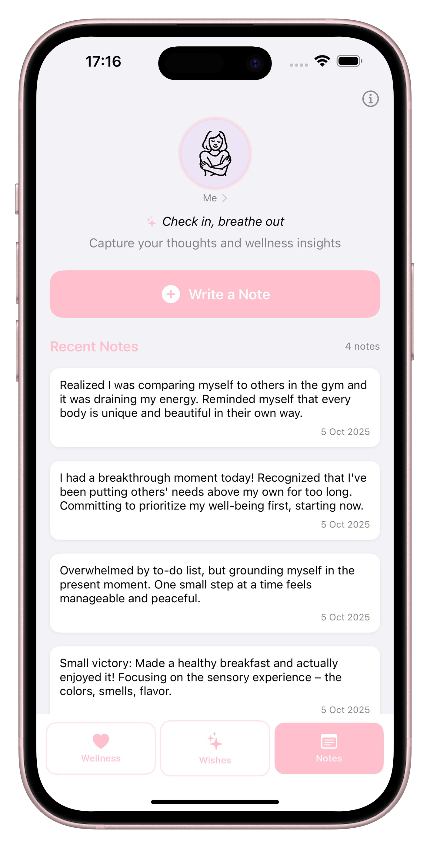 Tender Me mindful notes interface with wellness insights and breakthrough moments