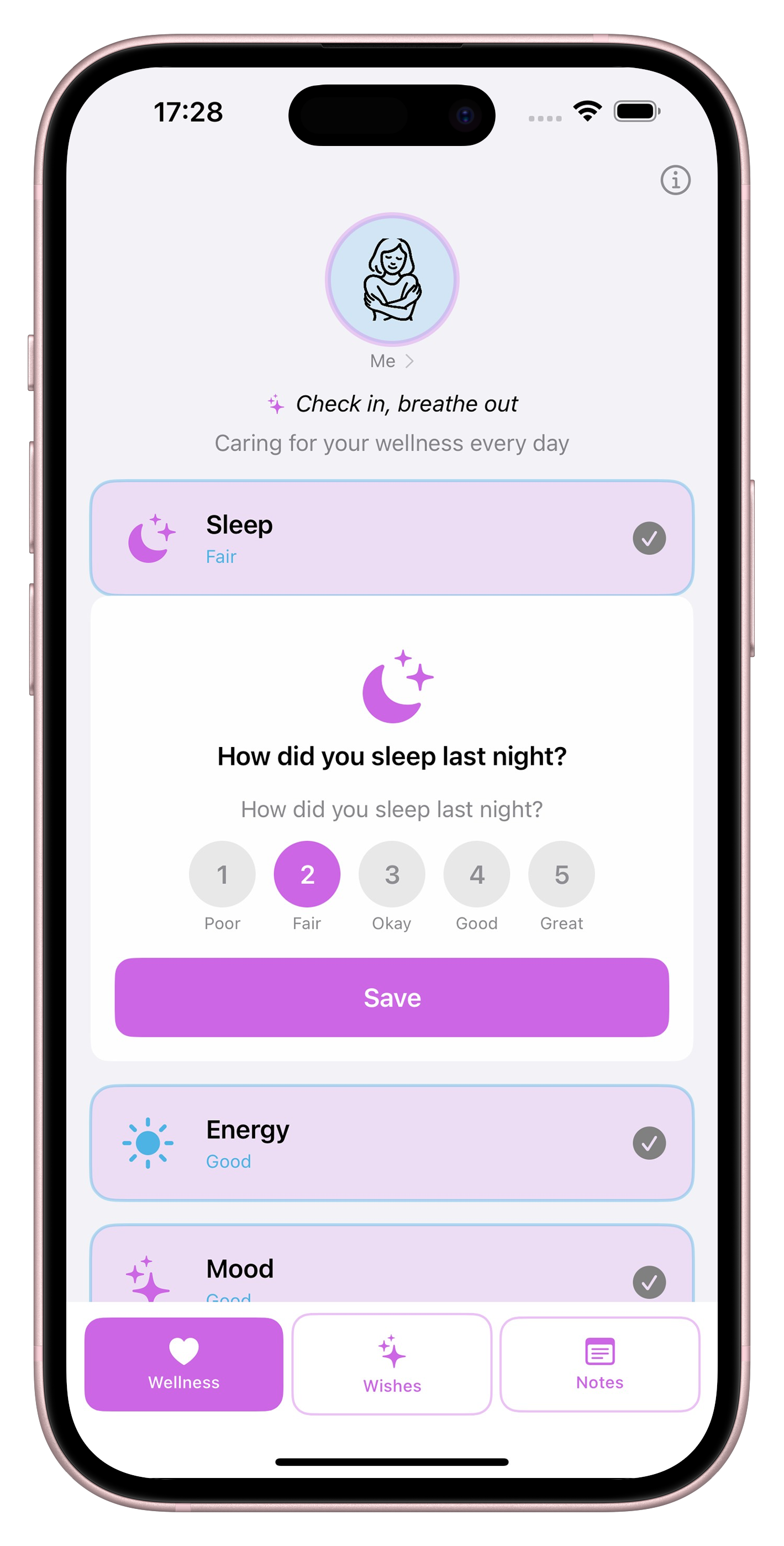 Tender Me wellness tracking interface showing daily check-ins for sleep, energy, mood, skin, water, and exercise