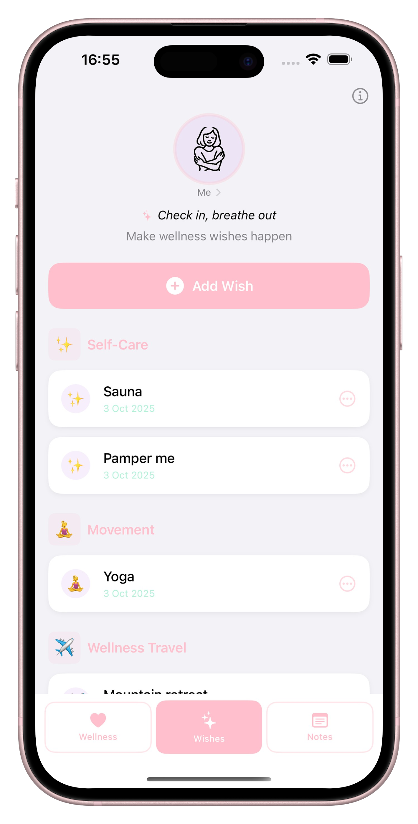 Tender Me wellness wishlist showing self-care activities like sauna, yoga, and mountain retreat